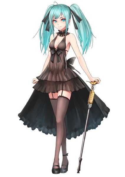 Anime picture 1000x1414 with vocaloid hatsune miku shijiu (adamhutt) single long hair tall image looking at viewer simple background white background twintails aqua eyes aqua hair girl thighhighs dress ribbon (ribbons) black thighhighs hair ribbon