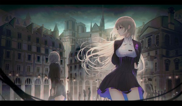 Anime picture 2920x1700 with original orecalc3092 long hair fringe highres breasts blue eyes blonde hair hair between eyes wide image standing multiple girls holding looking away sky cloud (clouds) outdoors profile grey hair city