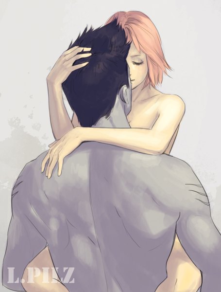 Anime picture 1054x1390 with naruto studio pierrot naruto (series) haruno sakura hoshigaki kisame l.pilz tall image short hair light erotic bare shoulders holding pink hair eyes closed from behind inscription grey background couple hug back topless