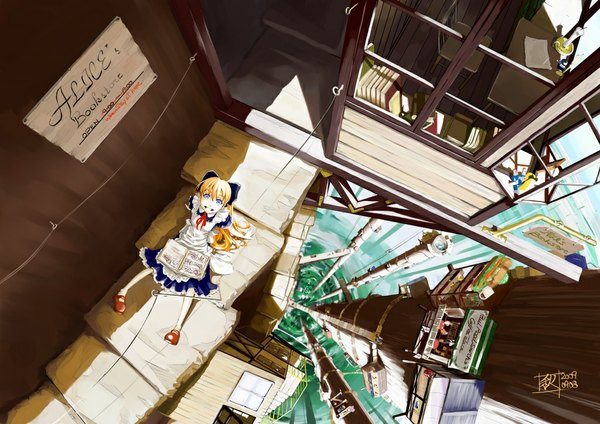 Anime picture 1024x724 with sannen shuusui long hair blue eyes blonde hair smile signed looking up girl dress bow book (books) stairs shelf candle (candles) bookshelf