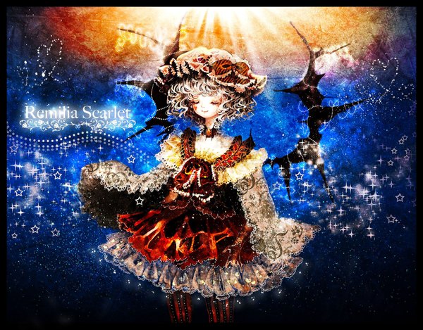 Anime picture 3100x2425 with touhou remilia scarlet majamari single fringe highres short hair smile standing absurdres eyes closed wide sleeves alternate costume character names black wings curly hair girl dress wings lace