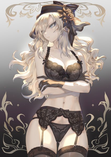 Anime picture 1447x2047 with fate (series) fate/grand order kriemhild (fate) mashuu (neko no oyashiro) single long hair tall image fringe breasts light erotic simple background large breasts standing looking away cleavage grey hair hair over one eye underwear only gradient background ass visible through thighs