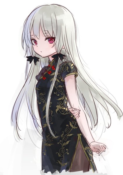 Anime picture 839x1191 with tonari no kyuuketsuki-san sophie twilight ama-tou single long hair tall image looking at viewer simple background red eyes white background silver hair traditional clothes chinese clothes side slit tress ribbon holding arm sketch girl ribbon (ribbons) hair ribbon