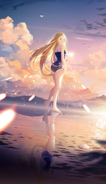 Anime picture 2366x4104 with summertime render kofune ushio dust (394652411) single long hair tall image highres blue eyes blonde hair sky cloud (clouds) full body looking back barefoot from behind beach evening reflection sunset girl