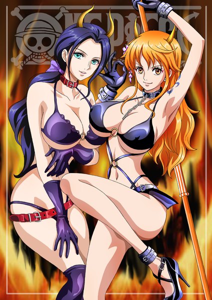 Anime picture 1324x1872 with one piece toei animation nami (one piece) nico robin raida (user yypr5857) long hair tall image looking at viewer fringe breasts light erotic smile hair between eyes large breasts standing multiple girls holding payot blue hair cleavage