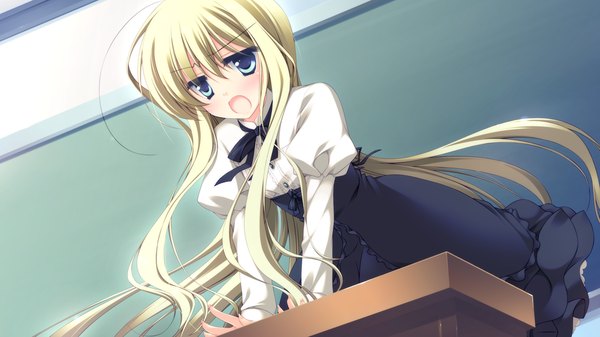 Anime picture 1024x576 with strawberry nauts long hair open mouth blue eyes blonde hair wide image game cg girl dress