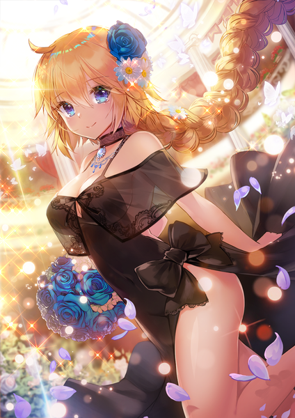 Anime picture 919x1300 with fate (series) fate/grand order jeanne d'arc (fate) (all) apple caramel single long hair tall image looking at viewer blush fringe breasts blue eyes light erotic smile hair between eyes standing bare shoulders holding cleavage ahoge