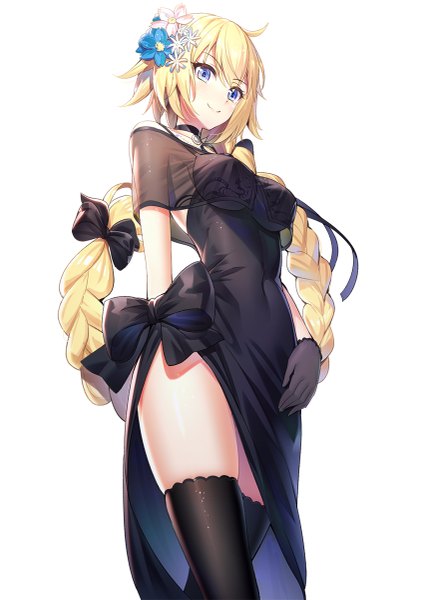 Anime picture 847x1200 with fate (series) fate/grand order jeanne d'arc (fate) (all) jeanne d'arc (formal dress) (fate) ririko (zhuoyandesailaer) single long hair tall image blush fringe breasts blue eyes blonde hair simple background smile hair between eyes standing white background bare shoulders holding