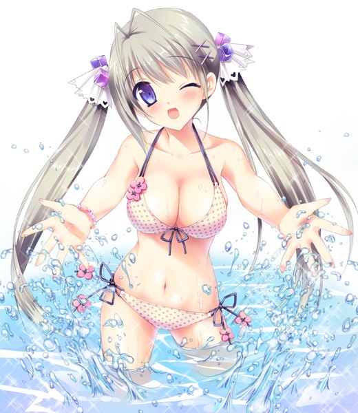 Anime picture 1600x1843 with original kimishima ao single long hair tall image looking at viewer blush breasts open mouth light erotic purple eyes twintails ahoge one eye closed grey hair wink girl navel hair ornament swimsuit