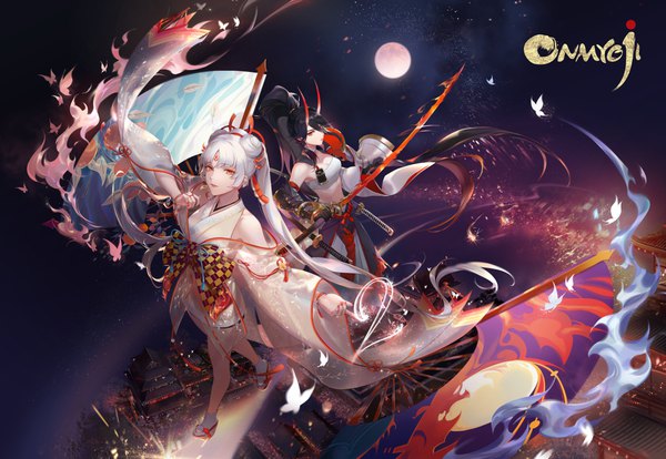 Anime picture 4096x2830 with onmyoji shiranui (onmyoji) callarinc looking at viewer highres black hair red eyes twintails multiple girls absurdres silver hair ponytail very long hair nail polish traditional clothes japanese clothes horn (horns) from above hair bun (hair buns) orange eyes