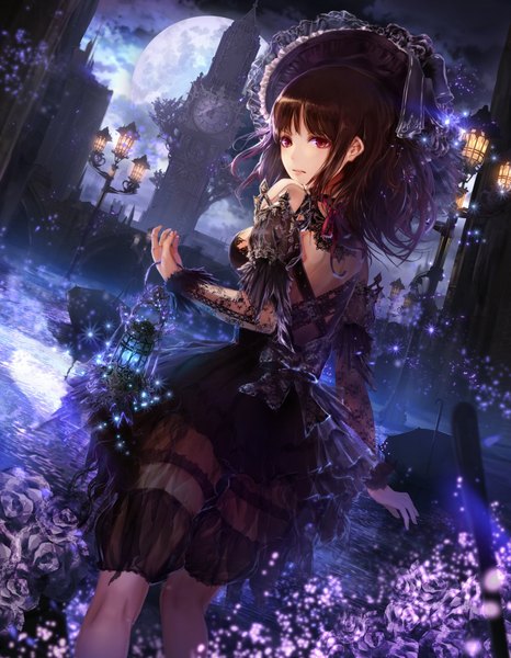 Anime picture 855x1100 with original jname single long hair tall image looking at viewer red eyes brown hair looking back night sparkle turning head lolita fashion goth-loli girl flower (flowers) ribbon (ribbons) bow water headdress