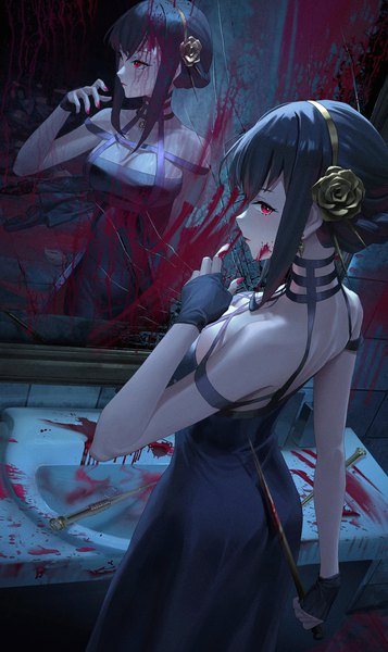Anime picture 2000x3365 with spy x family yor briar ttk (kirinottk) single long hair tall image looking at viewer fringe highres black hair red eyes standing bare shoulders nail polish profile looking back arm up fingernails from above reflection