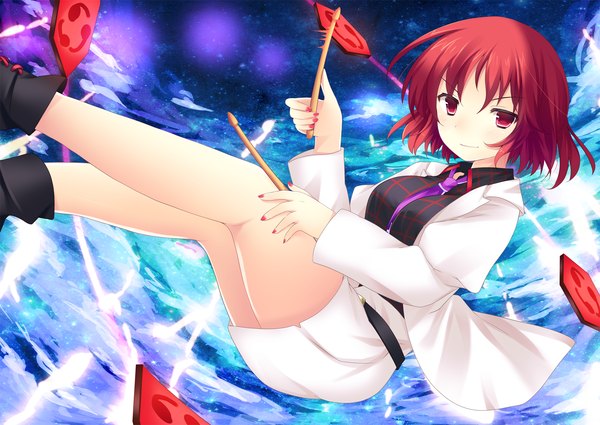 Anime picture 1772x1258 with touhou horikawa raiko ajiriko single looking at viewer highres short hair red eyes red hair legs girl skirt necktie