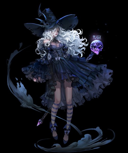 Anime picture 1920x2282 with original majo single long hair tall image looking at viewer highres breasts simple background purple eyes full body white hair lipstick black background red lipstick witch curly hair girl dress hat