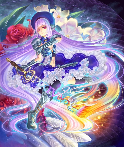 Anime picture 1216x1433 with pixiv okuma mai single tall image purple hair very long hair pink eyes girl dress flower (flowers) sword armor rose (roses)