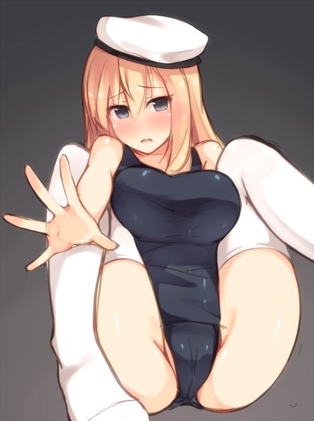 Anime picture 1100x1471 with kantai collection bismarck battleship i-8 submarine hiiragi hajime single long hair tall image looking at viewer blush breasts open mouth light erotic simple background blonde hair large breasts sitting bare shoulders bent knee (knees) grey background spread legs