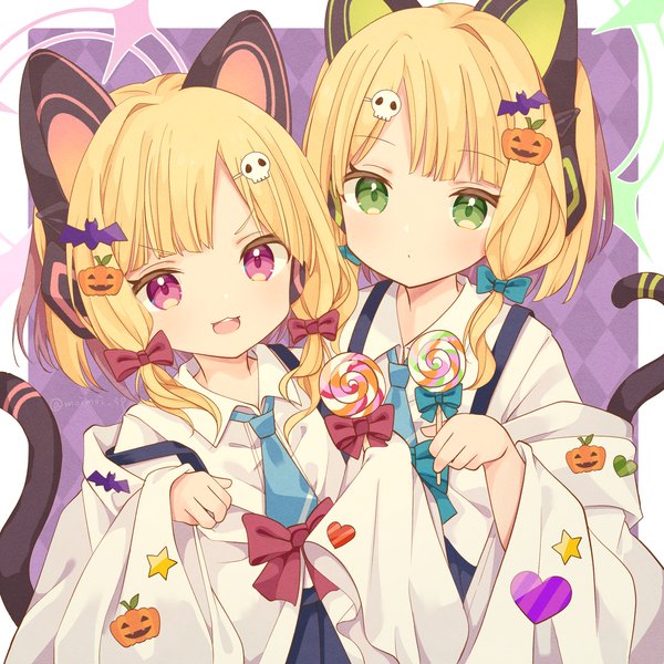 Anime picture 3000x3000 with blue archive momoi (blue archive) midori (blue archive) saekiya sabou looking at viewer highres short hair open mouth blonde hair multiple girls green eyes upper body :d pink eyes :o loli border halloween siblings outside border