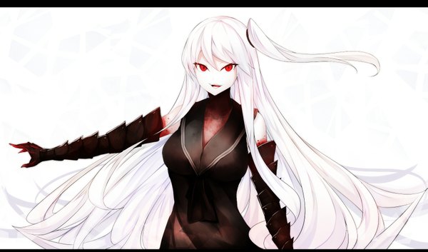 Anime picture 1670x983 with kantai collection aircraft carrier hime xiaodi single long hair looking at viewer fringe open mouth simple background red eyes wide image white background white hair open clothes one side up pale skin white skin shinkaisei-kan girl gloves