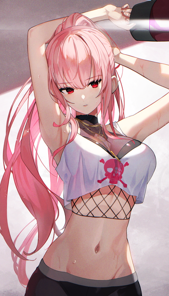 Anime picture 1430x2500 with virtual youtuber hololive hololive english mori calliope mori calliope (streetwear) scottie (phantom2) single long hair tall image looking at viewer fringe breasts red eyes large breasts standing pink hair upper body ponytail blunt bangs arms up