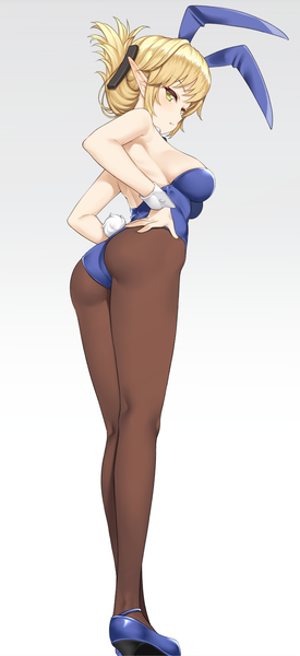 Anime picture 650x1414 with enjo kouhai aegis (takunomi) takunomi single tall image looking at viewer blush fringe short hair breasts light erotic simple background blonde hair standing green eyes animal ears ass tail parted lips animal tail