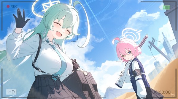 Anime picture 5864x3274 with blue archive hoshino (blue archive) yume (blue archive) hoshino (young) (blue archive) chiyo akira long hair fringe highres short hair breasts hair between eyes wide image large breasts multiple girls pink hair absurdres sky cloud (clouds) ahoge outdoors