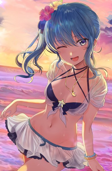 Anime picture 2048x3119 with virtual youtuber hololive hoshimachi suisei seicoh single long hair tall image fringe highres open mouth blue eyes light erotic hair between eyes blue hair sky one eye closed hair flower wink groin side ponytail