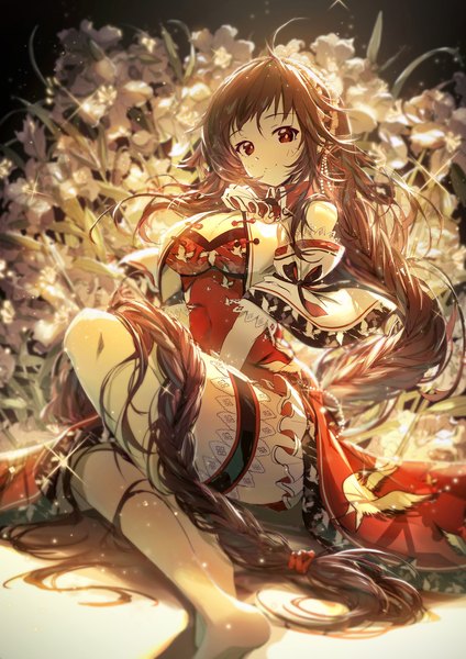 Anime picture 1061x1500 with vocaloid vocaloid china yuezheng ling lengchan (fu626878068) single tall image looking at viewer breasts smile red eyes brown hair large breasts sitting cleavage braid (braids) very long hair barefoot sparkle animal print floral background