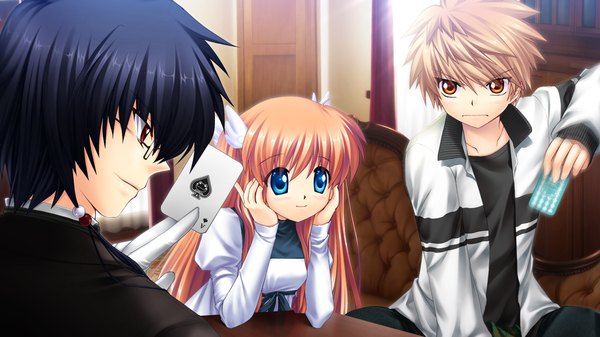 Anime picture 1280x720 with rewrite long hair short hair blue eyes black hair brown hair wide image game cg orange hair orange eyes girl boy