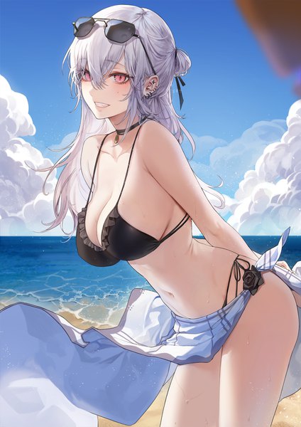 Anime picture 800x1132 with original trey ollis loffewa (kim eb) kim eb single long hair tall image looking at viewer blush fringe breasts light erotic smile hair between eyes large breasts standing signed payot sky cloud (clouds) outdoors