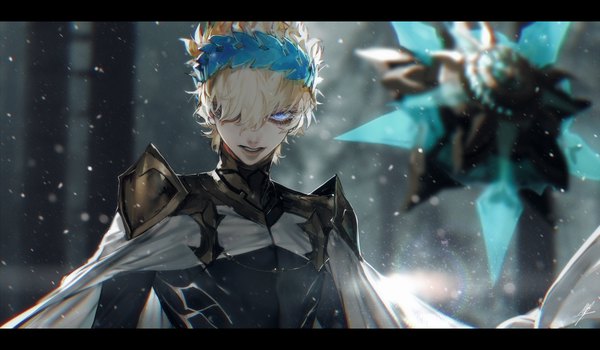 Anime picture 1400x817 with fate (series) fate/grand order castor (fate/grand order) au (d elite) single looking at viewer fringe short hair blue eyes blonde hair wide image upper body outdoors parted lips hair over one eye depth of field snowing letterboxed boy hair ornament