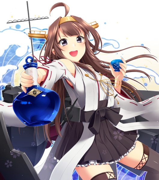 Anime picture 1373x1553 with kantai collection kanagawa okinami ura kongou battleship tsujimori nanaki single long hair tall image looking at viewer blush fringe breasts open mouth purple eyes bare shoulders ahoge traditional clothes japanese clothes pleated skirt light smile armpit (armpits)