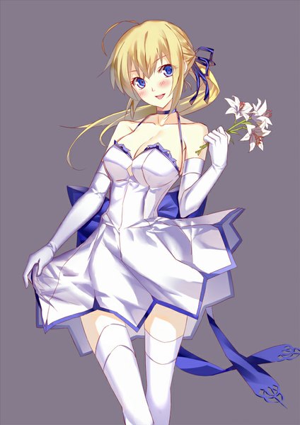 Anime picture 636x900 with fate (series) fate/stay night type-moon artoria pendragon (all) saber miyazaki byou single long hair tall image blush open mouth blue eyes simple background blonde hair bare shoulders ahoge ponytail wind purple background girl