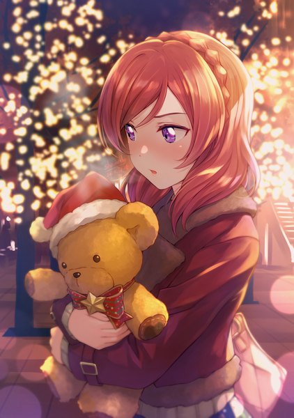 Anime picture 1019x1450 with love live! school idol project sunrise (studio) love live! nishikino maki shamakho single long hair tall image blush fringe open mouth standing purple eyes holding signed payot looking away outdoors red hair braid (braids)