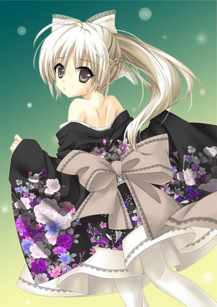 Anime picture 1000x1414 with yosuga no sora kasugano sora silveroid single long hair tall image white hair ponytail japanese clothes looking back black eyes girl kimono obi