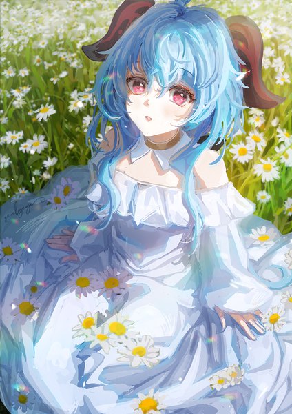 Anime picture 992x1403 with genshin impact ganyu (genshin impact) sealgege single long hair tall image fringe hair between eyes signed blue hair pink eyes horn (horns) from above looking up girl dress flower (flowers) white dress detached collar flower field