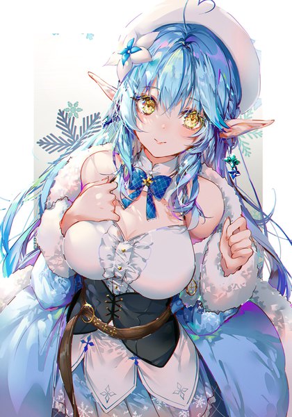 Anime picture 753x1075 with virtual youtuber hololive yukihana lamy yukihana lamy (1st costume) kinokohime single long hair tall image looking at viewer blush fringe smile hair between eyes yellow eyes blue hair ahoge hair flower from above pointy ears hand on chest