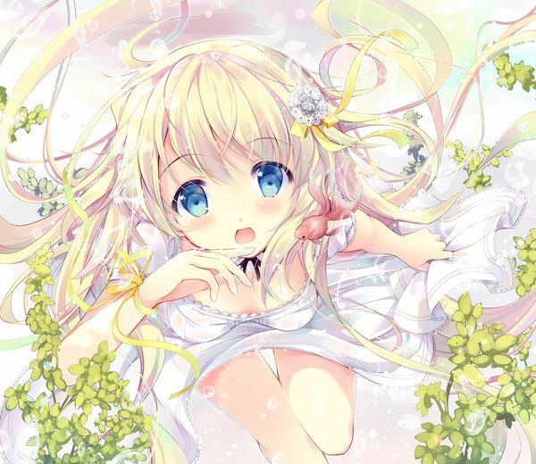 Anime picture 949x823 with original suihi long hair looking at viewer fringe breasts open mouth blue eyes blonde hair bare legs finger to mouth underwater girl dress hair ornament ribbon (ribbons) plant (plants) animal water white dress