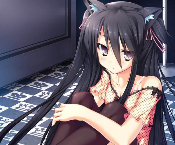 Anime picture 1800x1500 with original ochinsama single long hair blush highres black hair sitting purple eyes twintails animal ears cat ears cat girl wallpaper crossed legs polka dot checkered floor girl ribbon (ribbons) hair ribbon