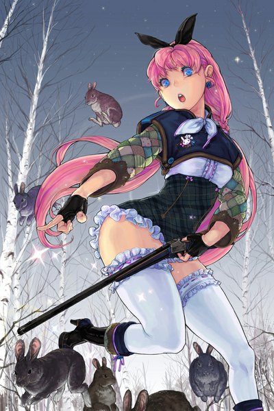 Anime picture 670x1005 with original jit single long hair tall image looking at viewer open mouth blue eyes light erotic pink hair girl thighhighs gloves weapon plant (plants) animal white thighhighs tree (trees) boots frills