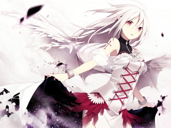 Anime picture 840x630 with original hijiri (resetter) single long hair looking at viewer simple background red eyes standing white background ahoge white hair wind tattoo lacing bat wings white wings revision girl dress flower (flowers)