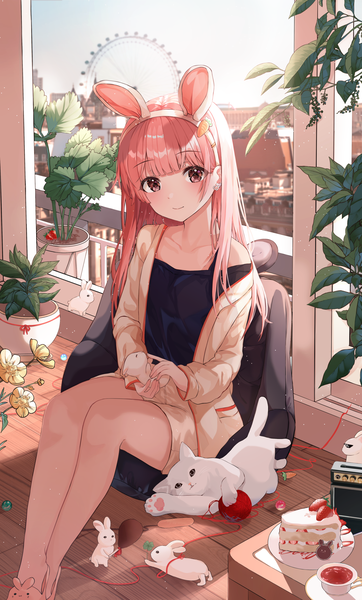 Anime picture 1577x2613 with original nanna (heyj2888) single long hair tall image looking at viewer blush fringe smile sitting brown eyes animal ears pink hair sky indoors blunt bangs off shoulder open jacket bunny ears city