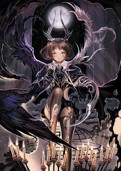 Anime picture 1000x1415 with original sindy single tall image short hair blue eyes brown hair horn (horns) girl thighhighs dress black thighhighs wings moon candle (candles)