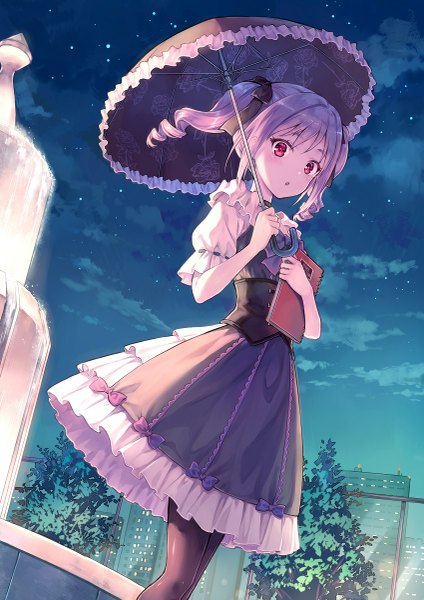 Anime picture 849x1200 with idolmaster idolmaster cinderella girls kanzaki ranko hiten (hitenkei) single long hair tall image blush fringe open mouth standing twintails holding silver hair cloud (clouds) outdoors pink eyes night night sky city