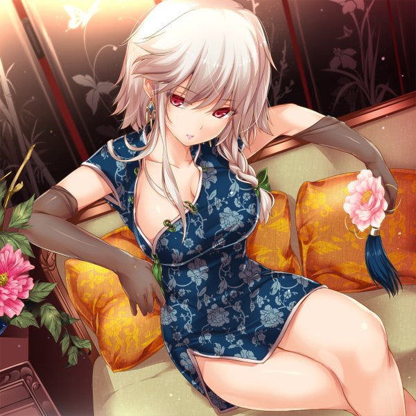Anime picture 1300x1300 with touhou izayoi sakuya moneti (daifuku) single looking at viewer short hair light erotic red eyes sitting white hair traditional clothes crossed legs chinese clothes girl gloves flower (flowers) elbow gloves chinese dress