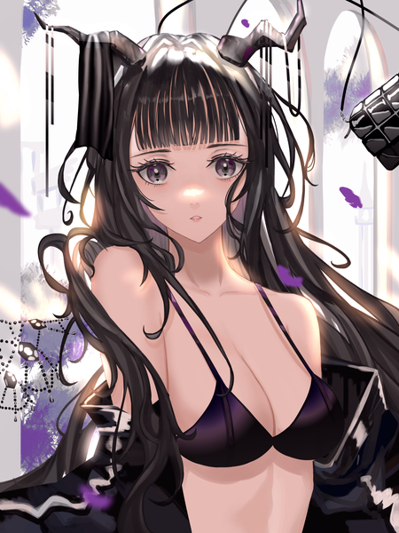 Anime picture 1125x1500 with original mie pu single long hair tall image looking at viewer fringe breasts light erotic black hair upper body blunt bangs parted lips horn (horns) black eyes blurry off shoulder open jacket hair over shoulder strap gap