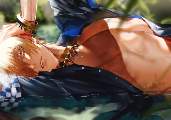 Anime picture 1000x704 with fate (series) fate/grand order gilgamesh (fate) gilgamesh (caster) (fate) au (d elite) single looking at viewer fringe short hair light erotic blonde hair red eyes upper body outdoors lying parted lips shadow wet on back open shirt