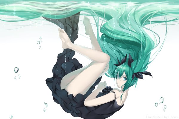 Anime picture 1440x960 with vocaloid shinkai shoujo (vocaloid) hatsune miku hews single very long hair aqua eyes aqua hair bare legs girl dress bow hair bow black dress bubble (bubbles)