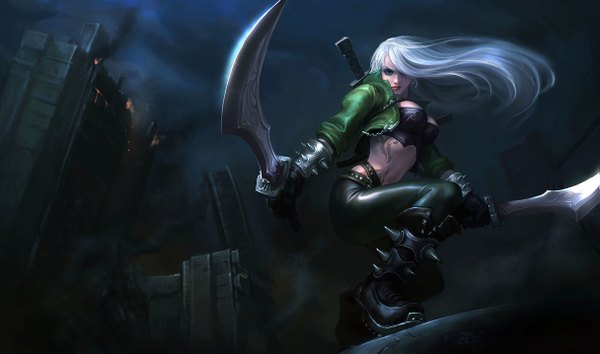 Anime picture 1215x717 with league of legends katarina (league of legends) single long hair looking at viewer breasts blue eyes blonde hair wide image tattoo ruins destruction girl weapon sword boots