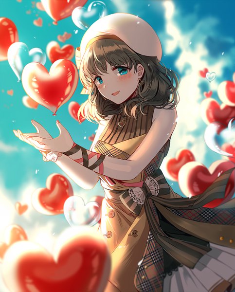 Anime picture 650x806 with idolmaster idolmaster cinderella girls idolmaster cinderella girls starlight stage sakuma mayu silence girl single tall image looking at viewer blush fringe short hair open mouth brown hair standing bare shoulders sky cloud (clouds) outdoors nail polish aqua eyes
