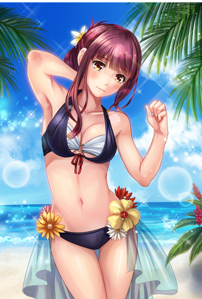 Anime picture 700x1036 with original towako single long hair tall image looking at viewer blush light erotic yellow eyes sky purple hair cloud (clouds) beach girl navel flower (flowers) swimsuit bikini sea black bikini